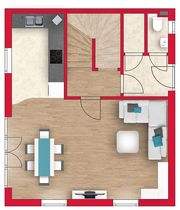 Hellgelbes Mehrfamilienhaus mit Terrasse und Garten