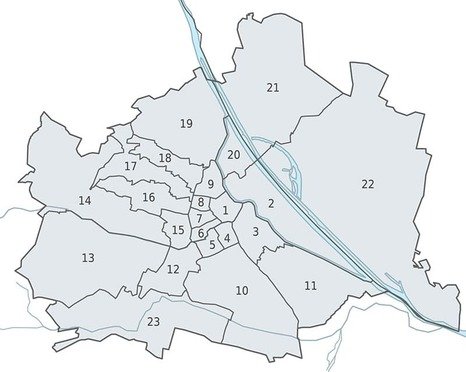 Wienkarte mit eingezeichneten Bezirken