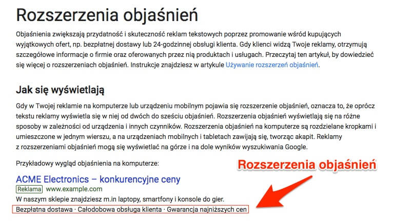rozszerzenia objaśnień - dodatkowe cechy oferty
