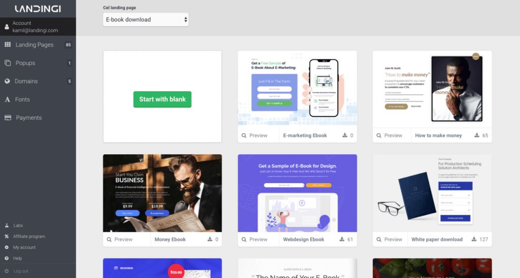 Ekran wyboru szablonów stare szablony landing page