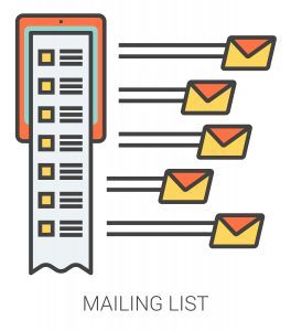 Mailing list line icons. Mailing list infographic metaphor with line icons. Project mailing list concept for website and infographics. Vector line art icon isolated on white background.
