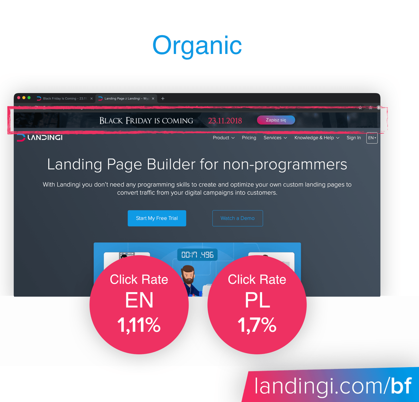 Landingi Black Friday sign up bar Landingi main page with sign up bar