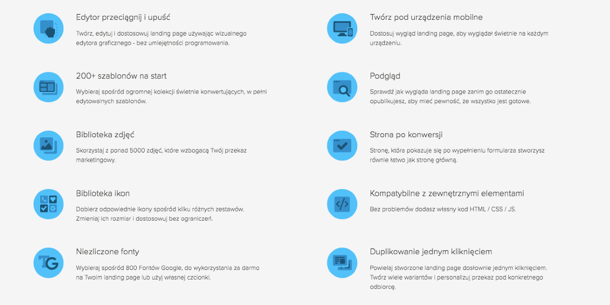 funkcje Lista funkcjonalności platformy Landingi