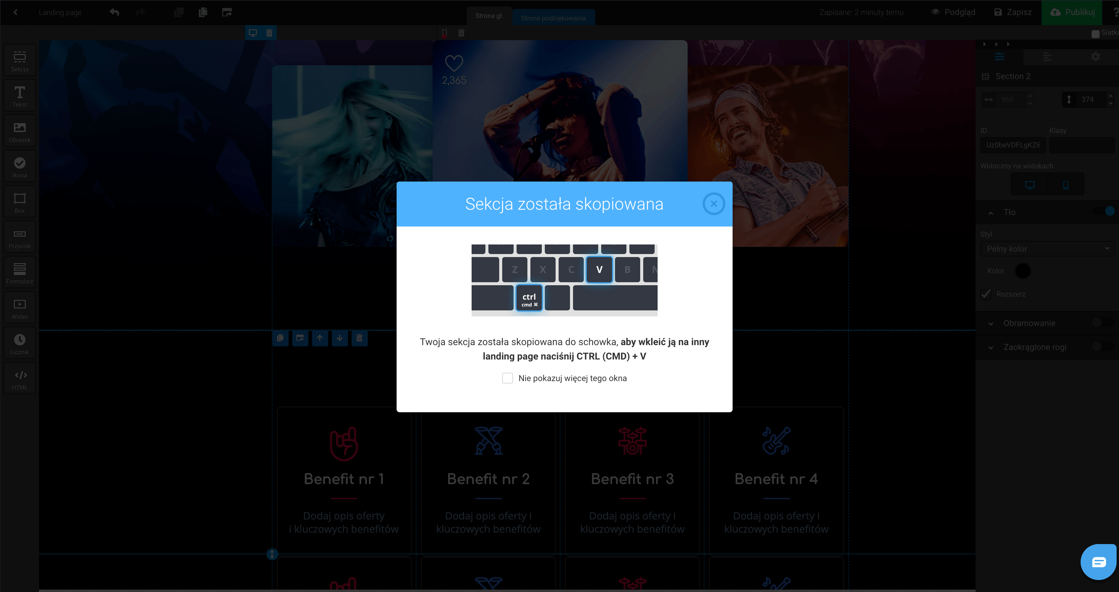 save kopiowanie sekcji Kopiuj i wklejaj całe sekcje do innych landing page'y