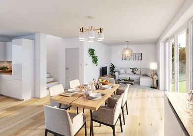 Modernes, helles Wohnzimmer mit Holzfu&szlig;boden, Esstisch und Terrasse