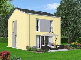 Gelbes Einfamilienhaus mit Terrasse und Garten