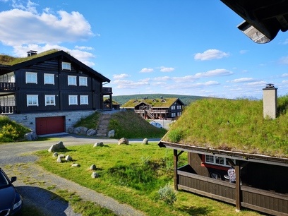 Dwupiętrowy dom, w tle zieleń i błękit nieba.