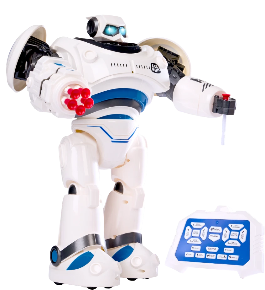 Biały robot z kontrolerem i świecącymi oczami