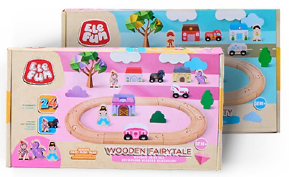 Dwa pudełka kolejek drewnianych, zestaw różowy i niebieski