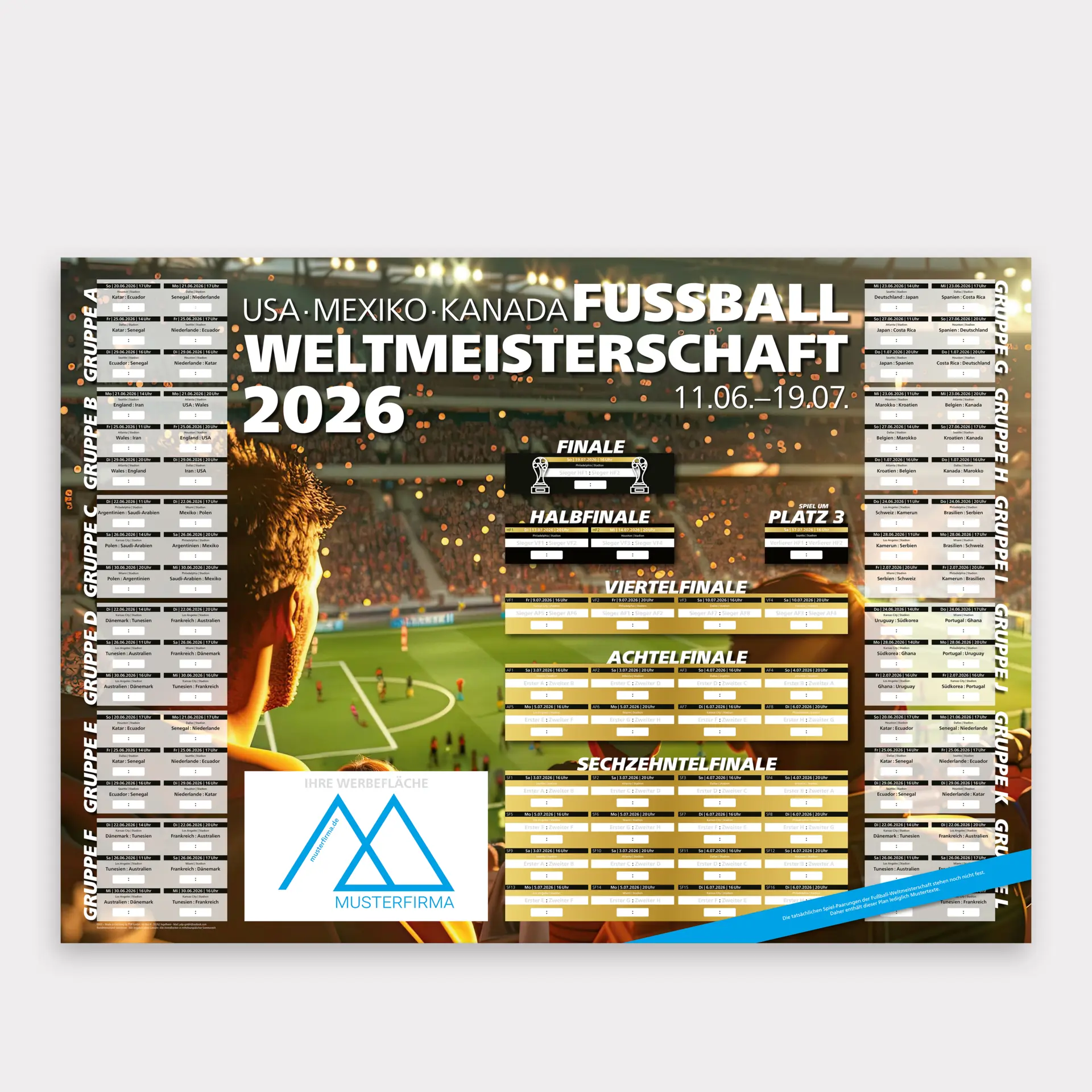 WM-Wandplaner 2026 Stadion-Motiv &ndash; Gro&szlig;er DIN A1 Spielplan mit emotionaler Stadion-Atmosph&auml;re, perfekt f&uuml;r Tippspiele und gemeinschaftliche Fu&szlig;ball-Aktionen.