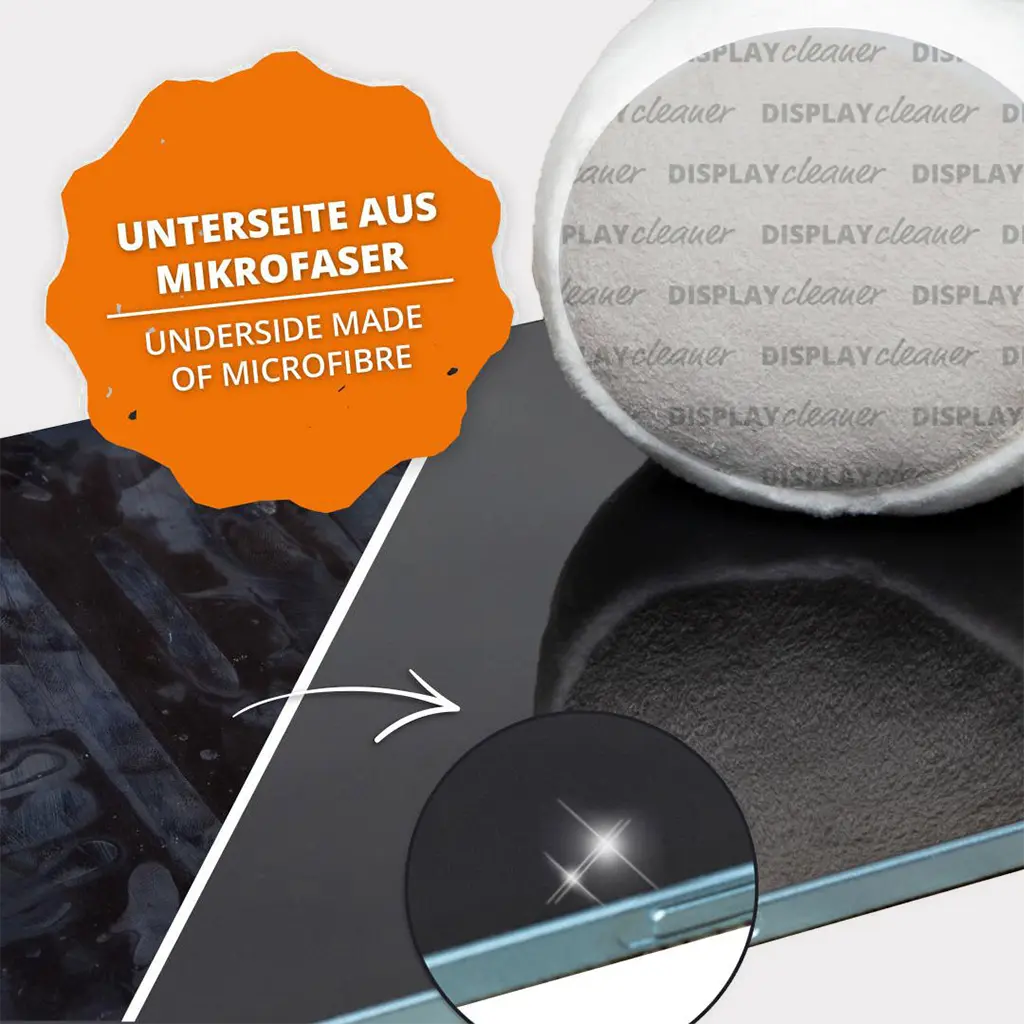 Detailaufnahme der grauen Mikrofaser-Unterseite des Schmoozies&reg; Fu&szlig;ball mit &bdquo;DISPLAYcleaner&ldquo; Aufdruck &ndash; Zeigt die Reinigungsfunktion f&uuml;r Bildschirme.