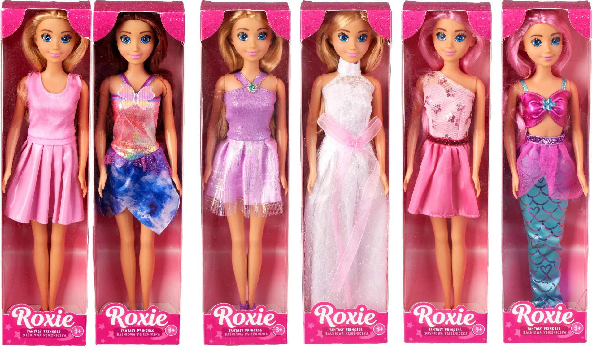 Sześć lalek w kolorowych sukienkach umieszczone w pudełku