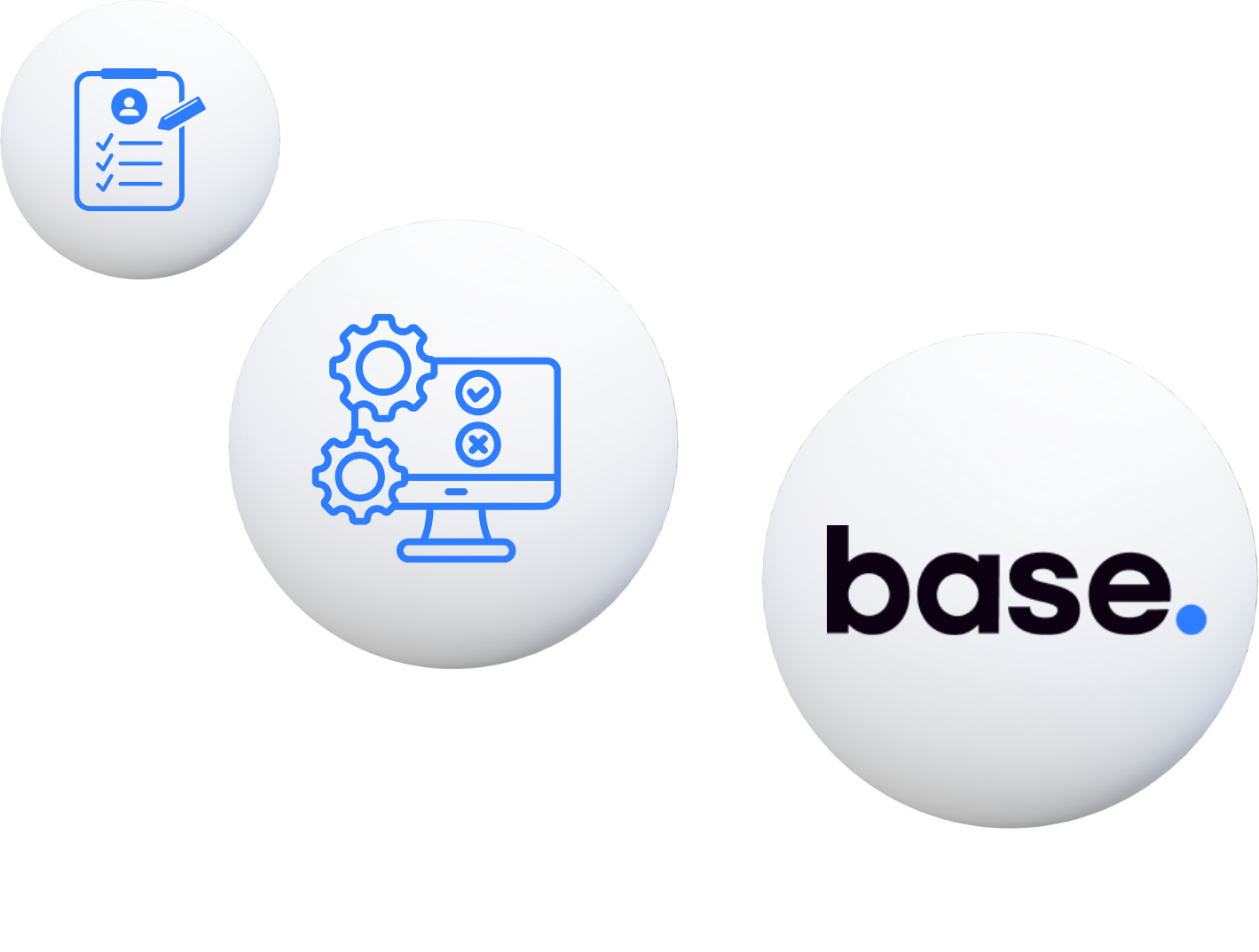 Drei Kugeln verbunden durch Pfeile. Zwei Symbole und ein Logo auf den Kugeln zeigen den Registrierungsprozess.