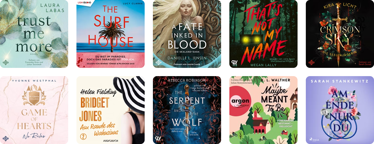 Ein Bild, das 10 verschiedene Cover von Hörbüchern zeigt.