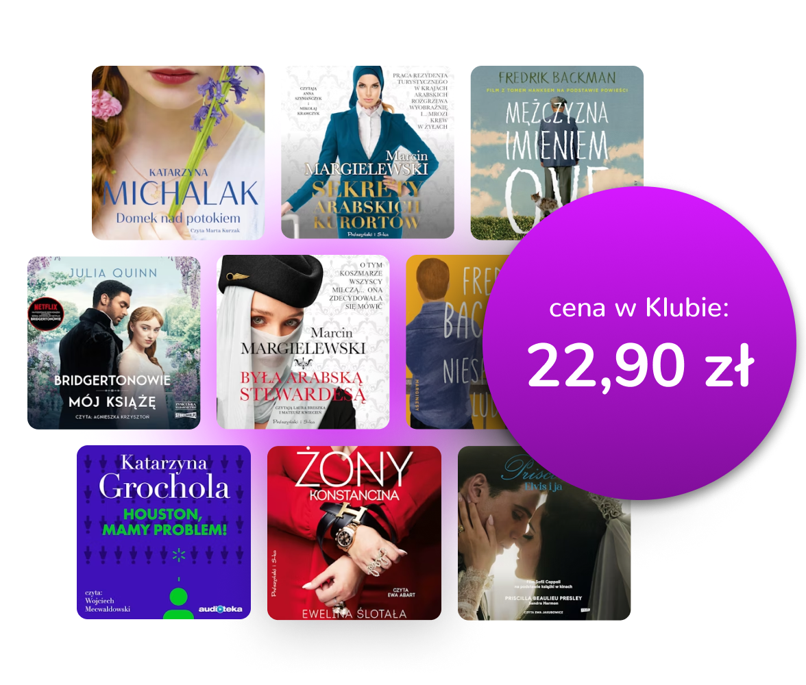 Okładki dostępnych audiobooków z nałożoną na nie ceną 22,99 zł