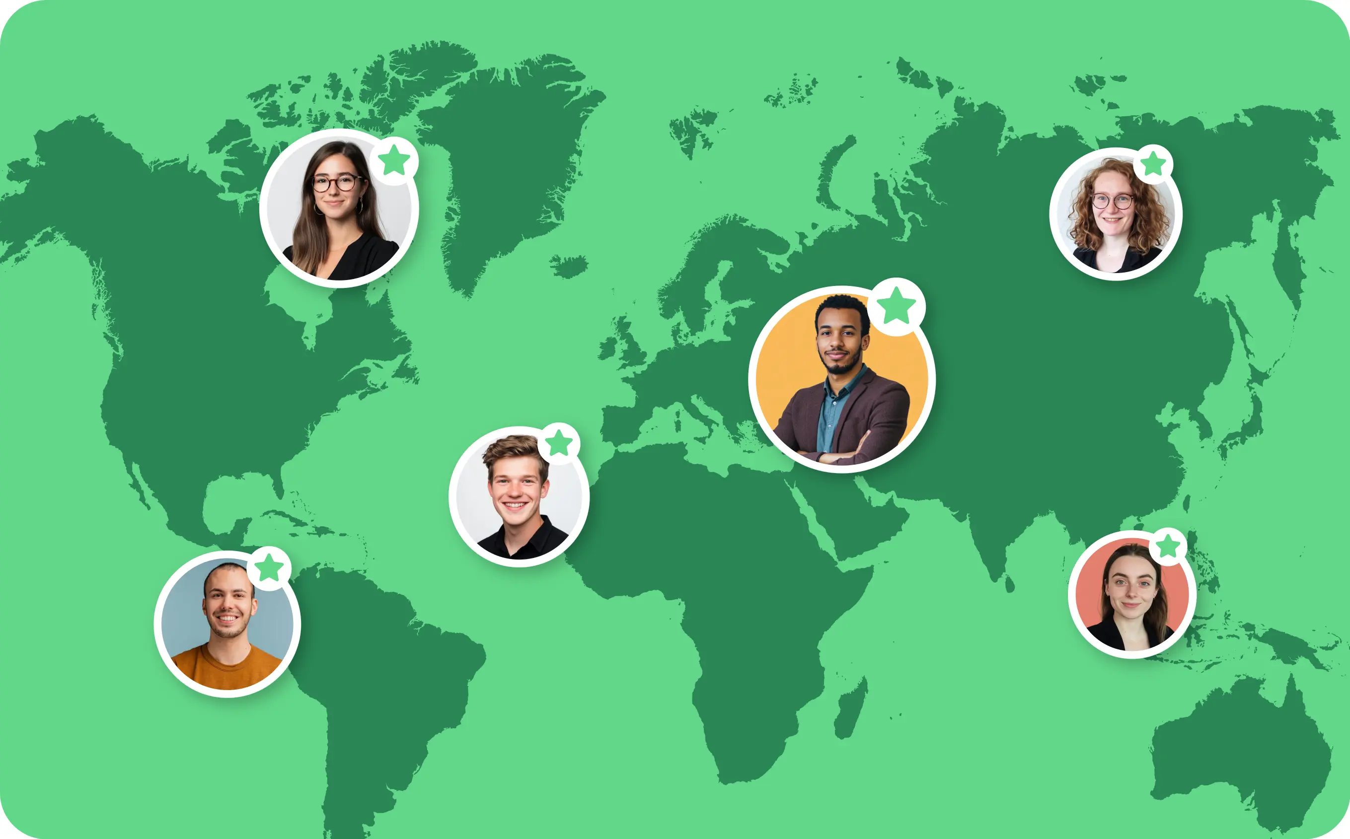 Global map with diverse professionals highlighted across continents, symbolizing worldwide recognition.