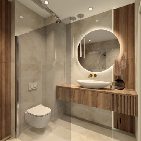 Nowoczesne projekty łazienek Kraków Minimalistyczna łazienka z drewnianymi akcentami