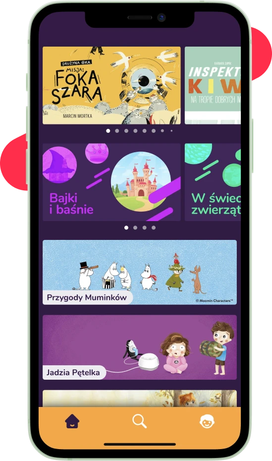 Zdjęcie przedstawiające widok aplikacji, ekran z okładkami audiobooków do wyboru