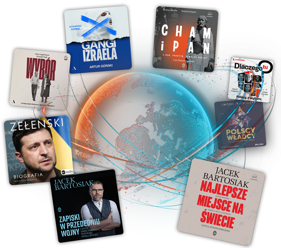 Zdjęcie globy wokół którego wirują okładki audiobooków