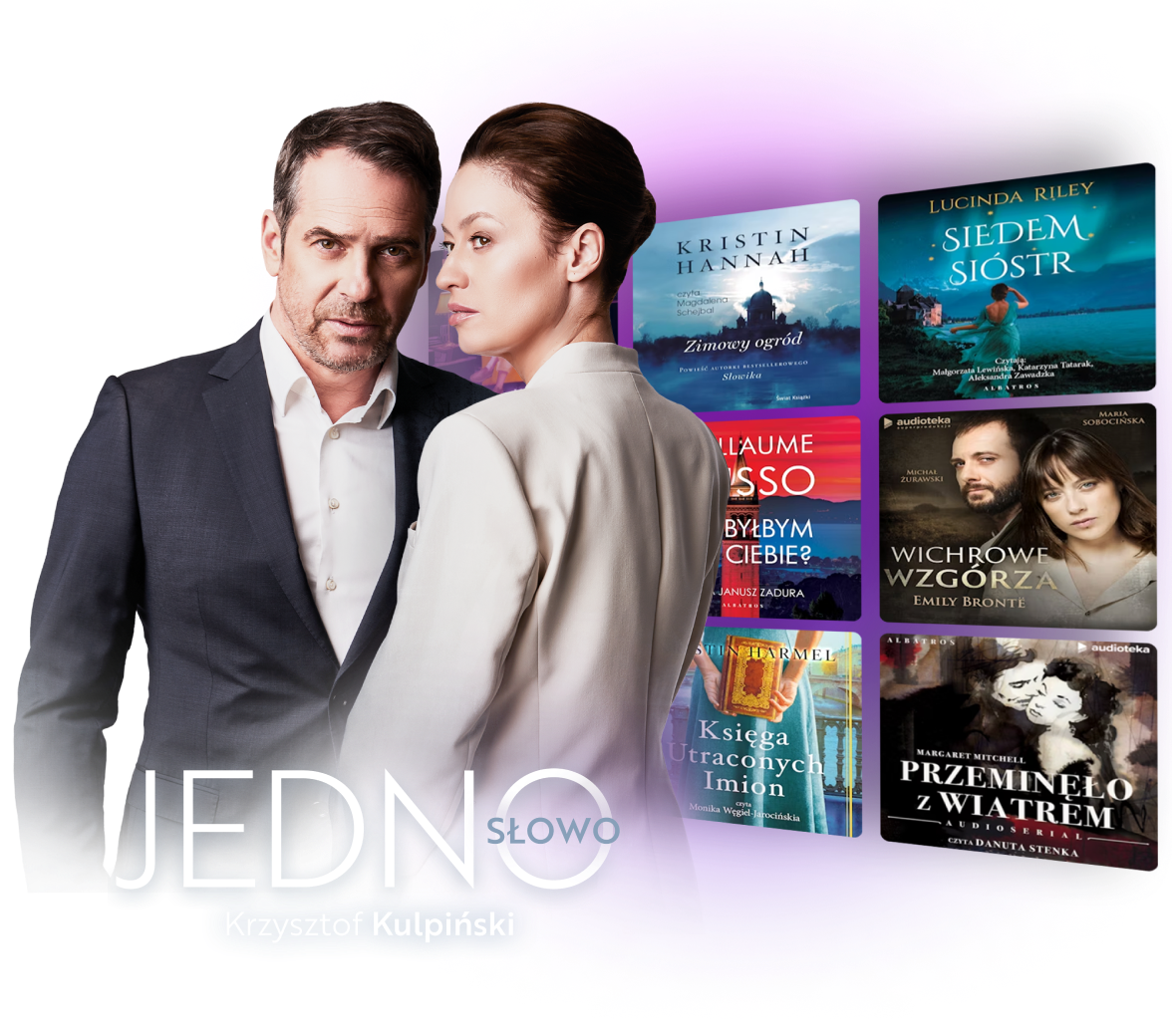 Zdjecie z bohaterami Audiobooka Jedno Słowo, w tle okładki