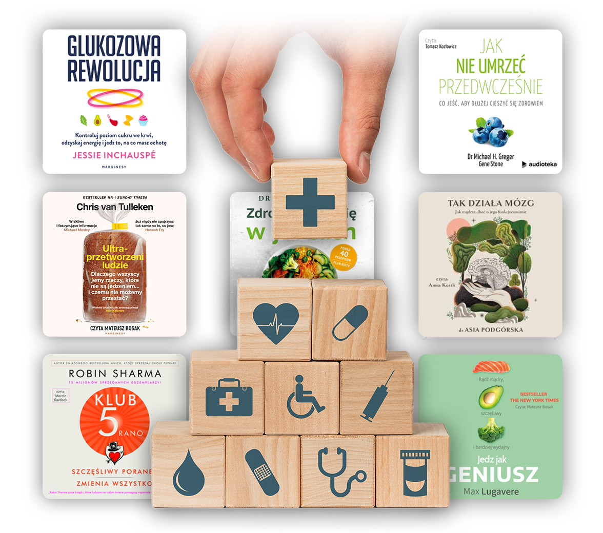 Zdjecie klocków z ikonkami dotyczacych zdrowia, na tle