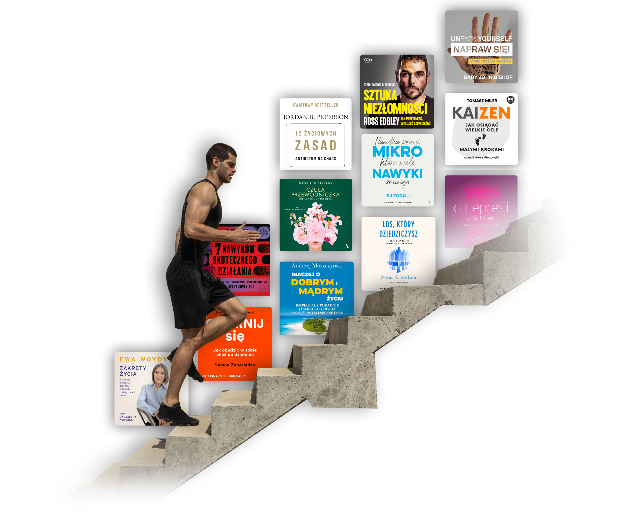 Zdjęcie mężczyzny wbiegającego po schodach,w  tle okładki audiobookow