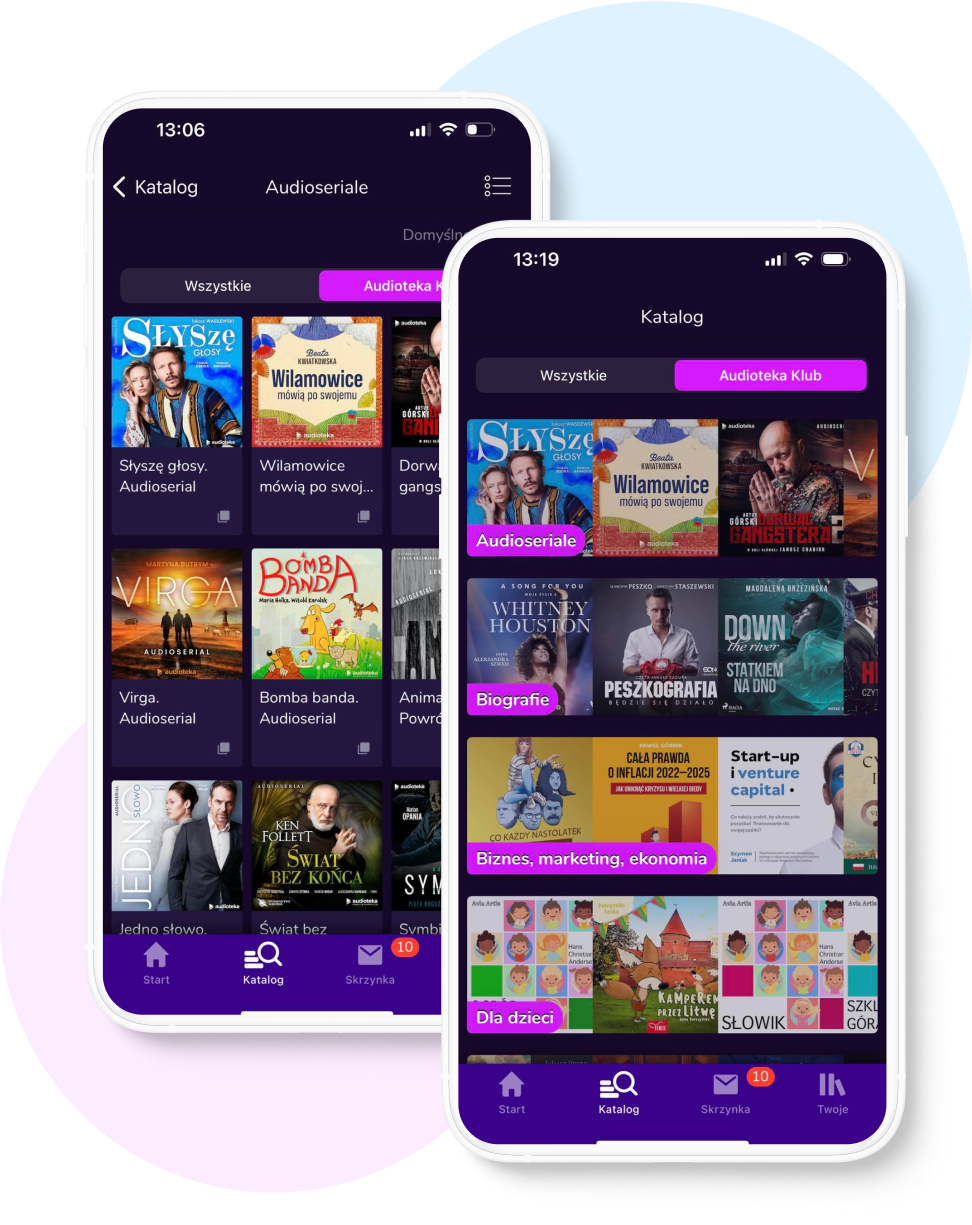Obrazek przedstawiający widok mobilny aplikacji Audioteka, okładki Audiobok&oacute;w