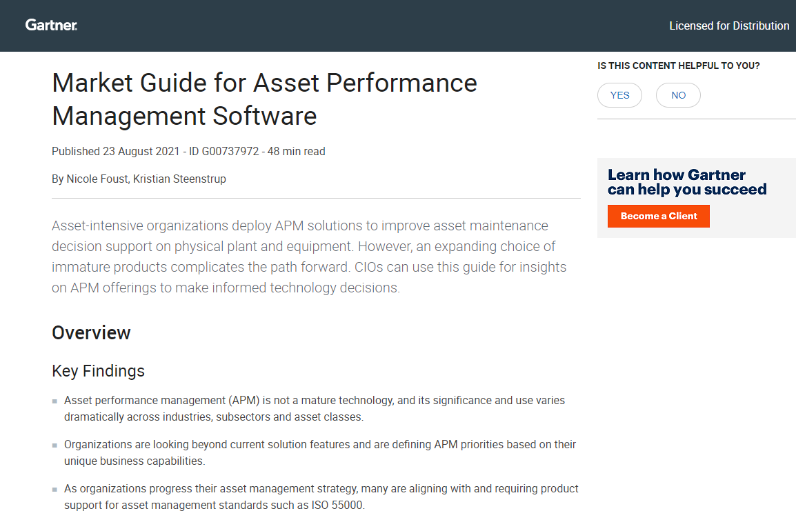 Gartner Market Guide for Asset Performance Management Software