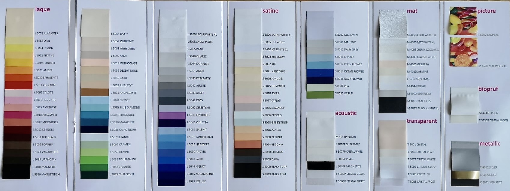 Dostępne kolory sufitów napinanych – szeroka paleta barw, idealna do każdego wnętrza. Opcje kolorystyczne dostosowane do nowoczesnych aranżacji.