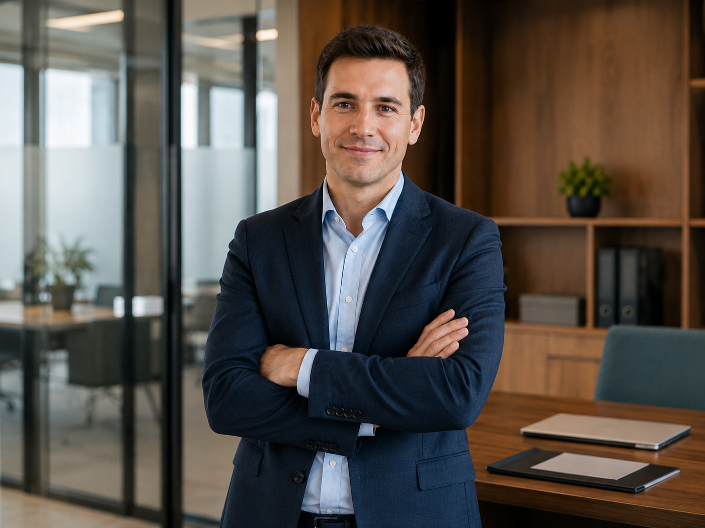 Due professionisti sorridenti in abito da ufficio