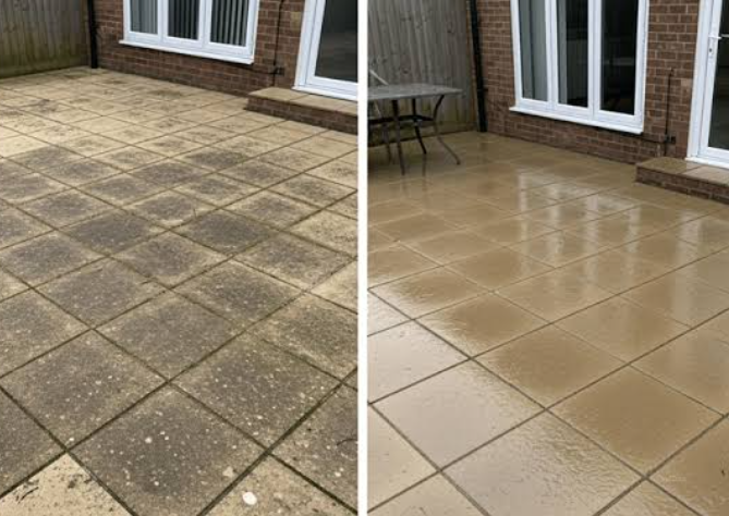 Residential outdoor patio and paved pool surround