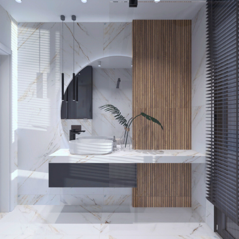 Płytki Kendall Mate od hiszpańskiego producenta Navarti stanowią bazę projektu. Wizualizacja i projektowanie lazienek Kraków