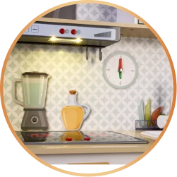 Okrągła grafika przedstawia zbliżenie na lampkę przy okapie