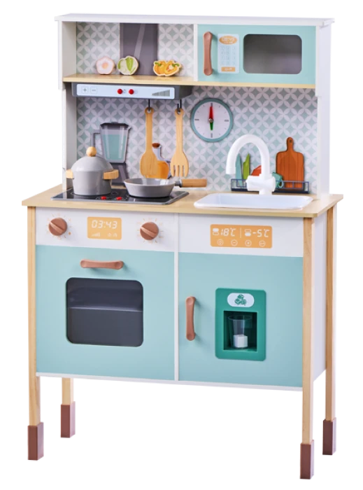 Drewniana kuchenka dla dzieci, zabawkowa, z zestawem akcesori&oacute;w