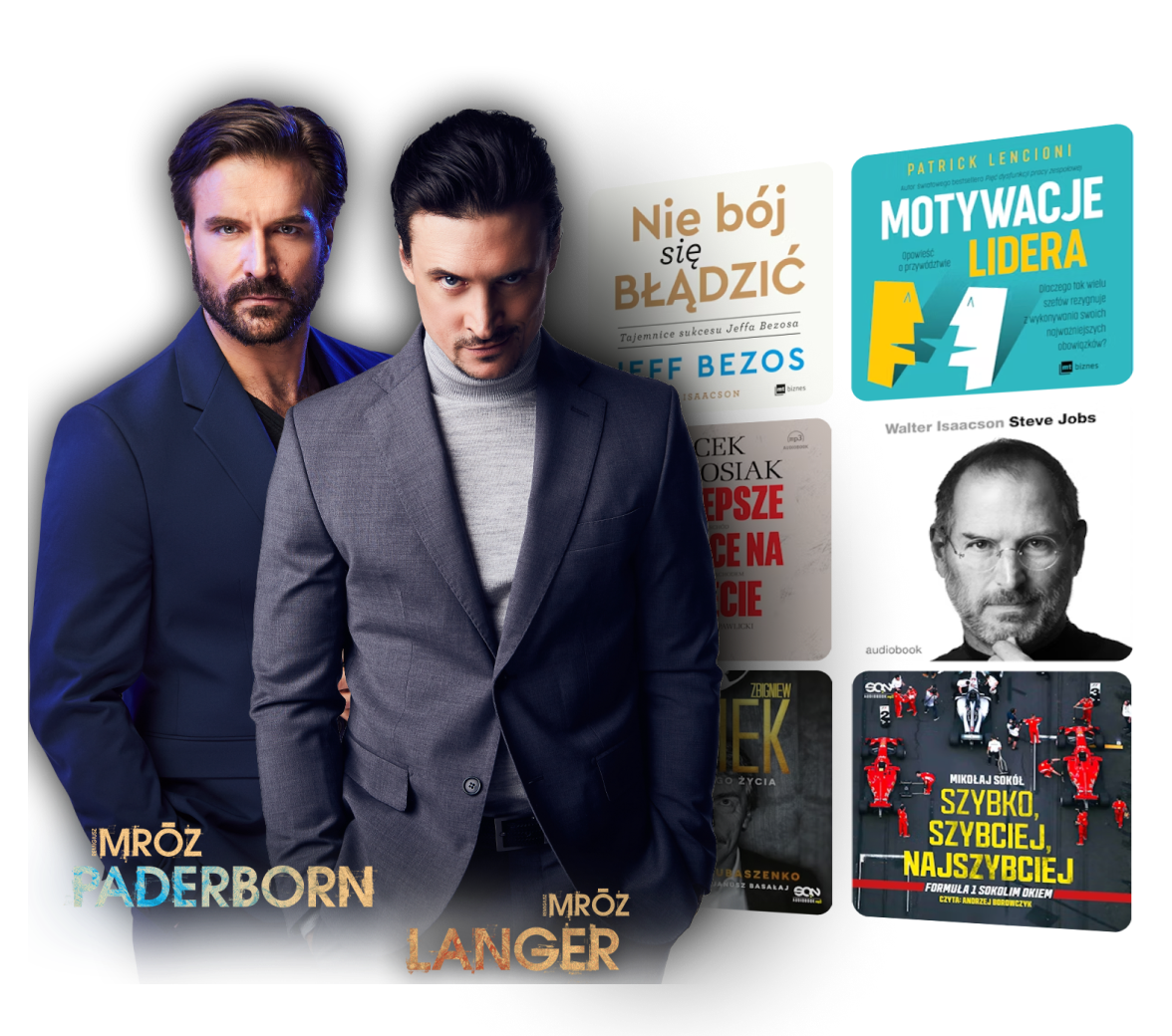 Zdjęcie przedstawiające dwóch mężczyzn, obok nich okładki audiobooków