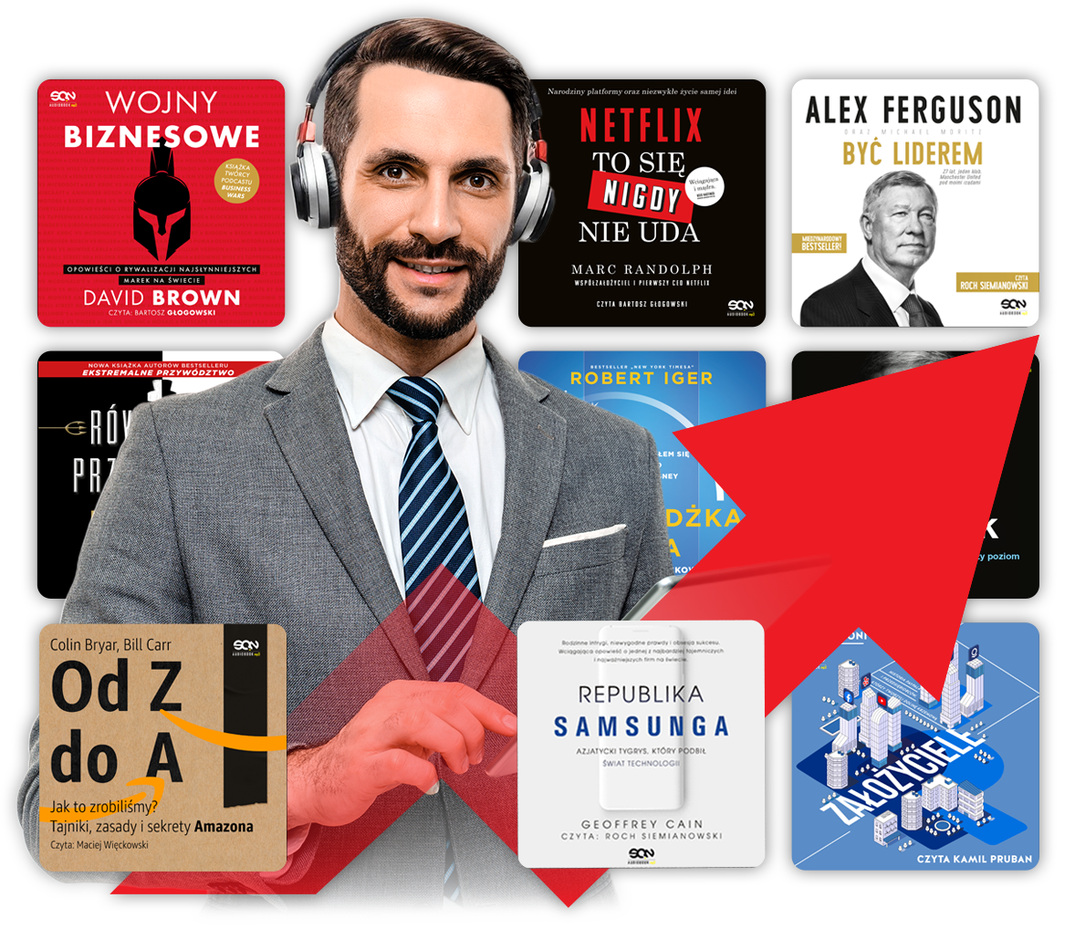 Zdjęcie mężczyzny oraz wykresu w górę na tle audiobooków