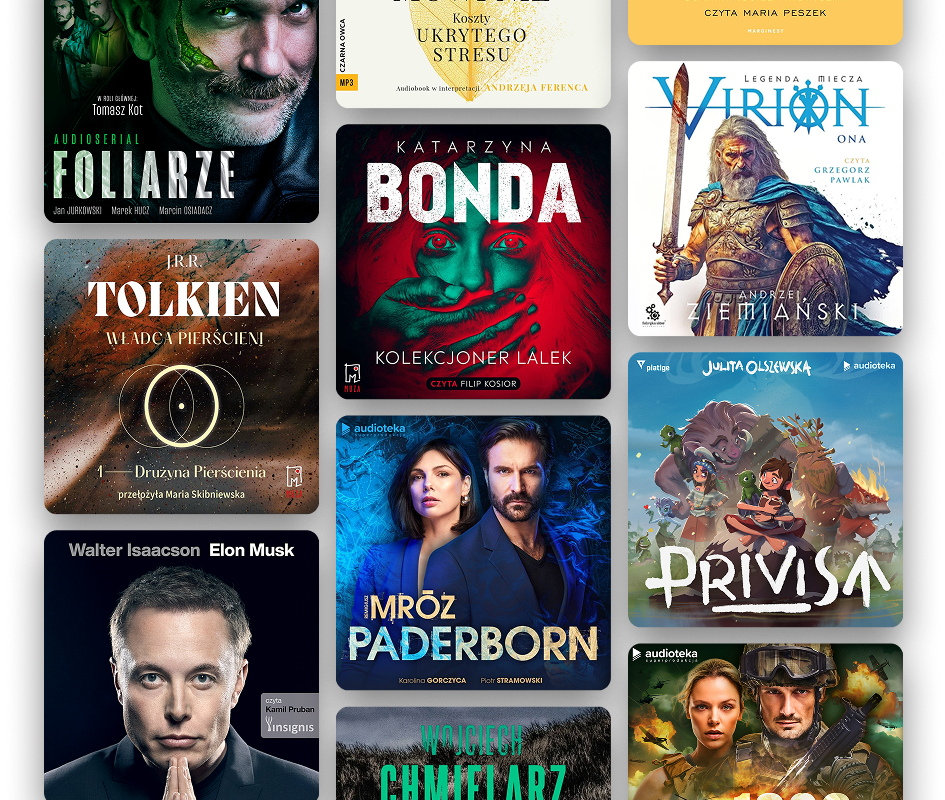 Zdjęcie przedstawiające okładki audiobooków