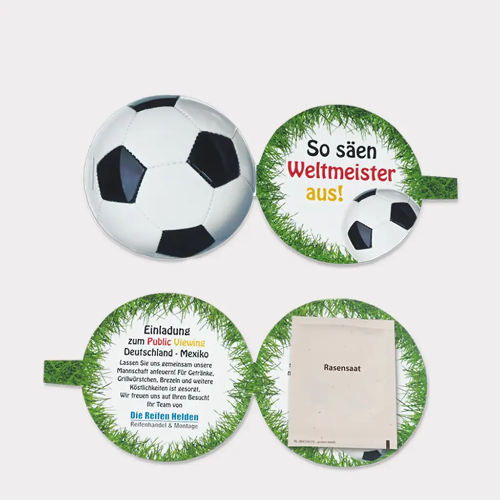 Runde, beidseitig bedruckbare Klappkarte im Fu&szlig;ball-Design &ndash; Ein nachhaltiger Werbeartikel mit echtem Rasensamen f&uuml;r die Weltmeisterschaft.