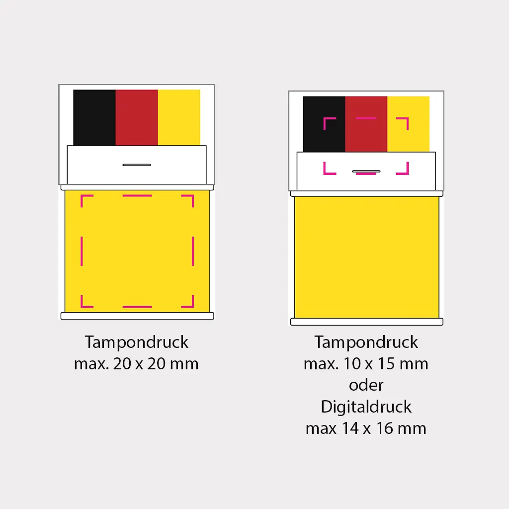 Technische Darstellung der verf&uuml;gbaren Druckfl&auml;chen auf dem Geh&auml;use und dem Deckel des Fanschminke-Sticks f&uuml;r die individuelle Gestaltung.