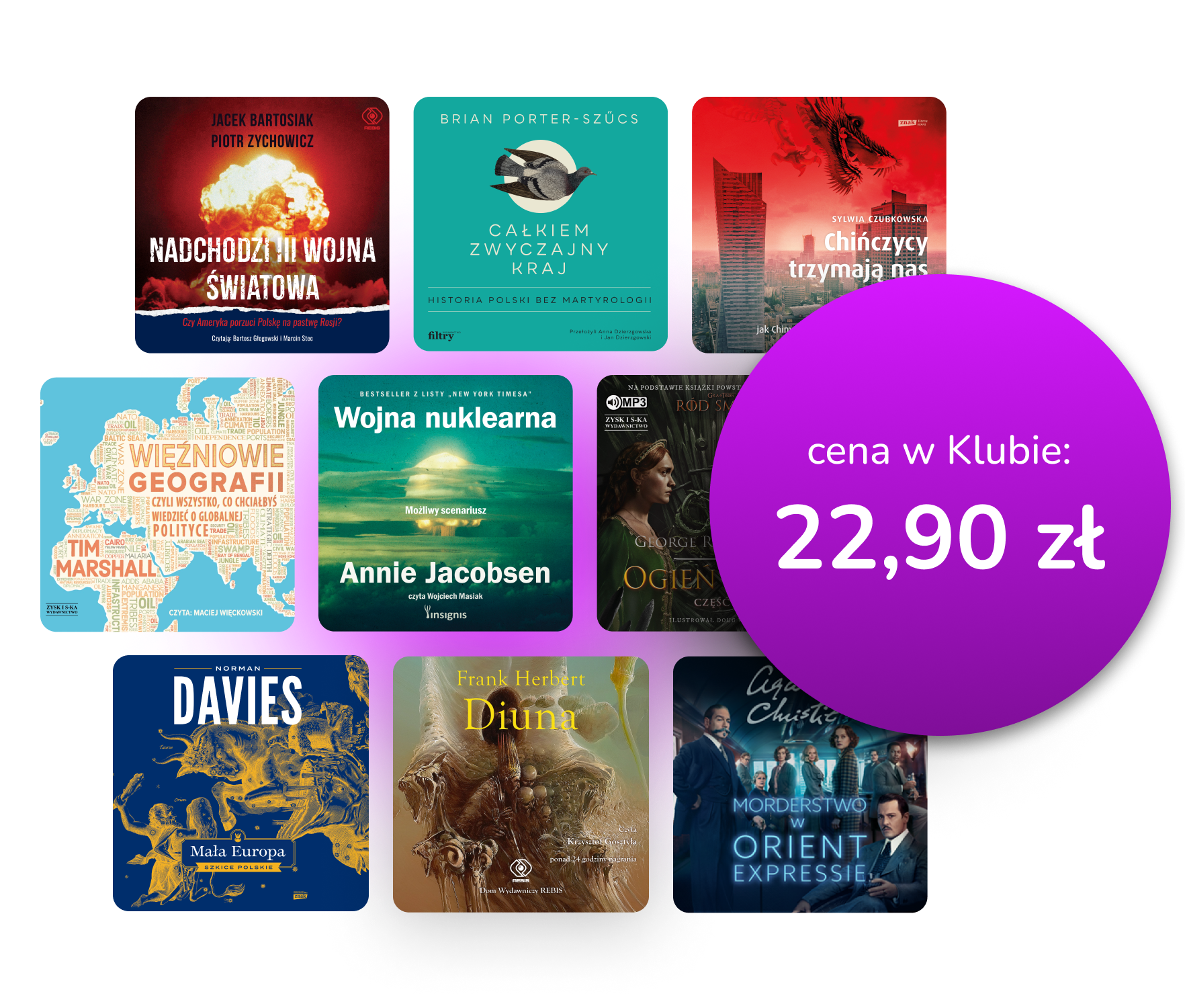 Okładki dostępnych audiobooków z nałożoną na nie ceną 22,99 zł
