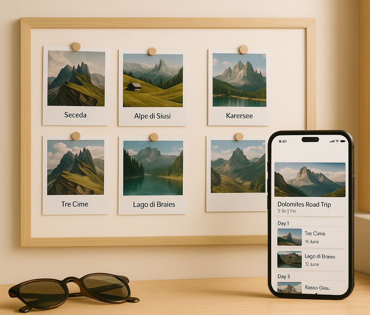 A wooden-framed bulletin board with six polaroid-style photos of scenic mountain landscapes pinned to it. A smartphone and a pair of sunglasses are on the table below the board. The smartphone screen shows a digital version of a road trip itinerary with the same images.