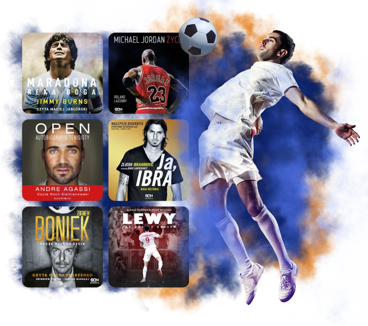 Zdjecie piłkarza na tle okładek audiobooków