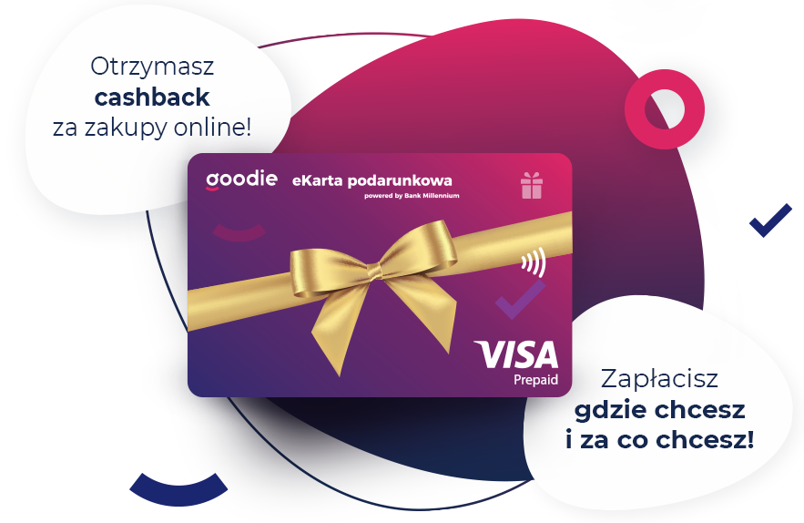 Wizerunek eKarty podarunkowej goodie wraz z aplami z tekstem: "Otrzymasz cashback za zakupy online!" oraz "Zapłacisz gdzie chcesz i za co chcesz!"
