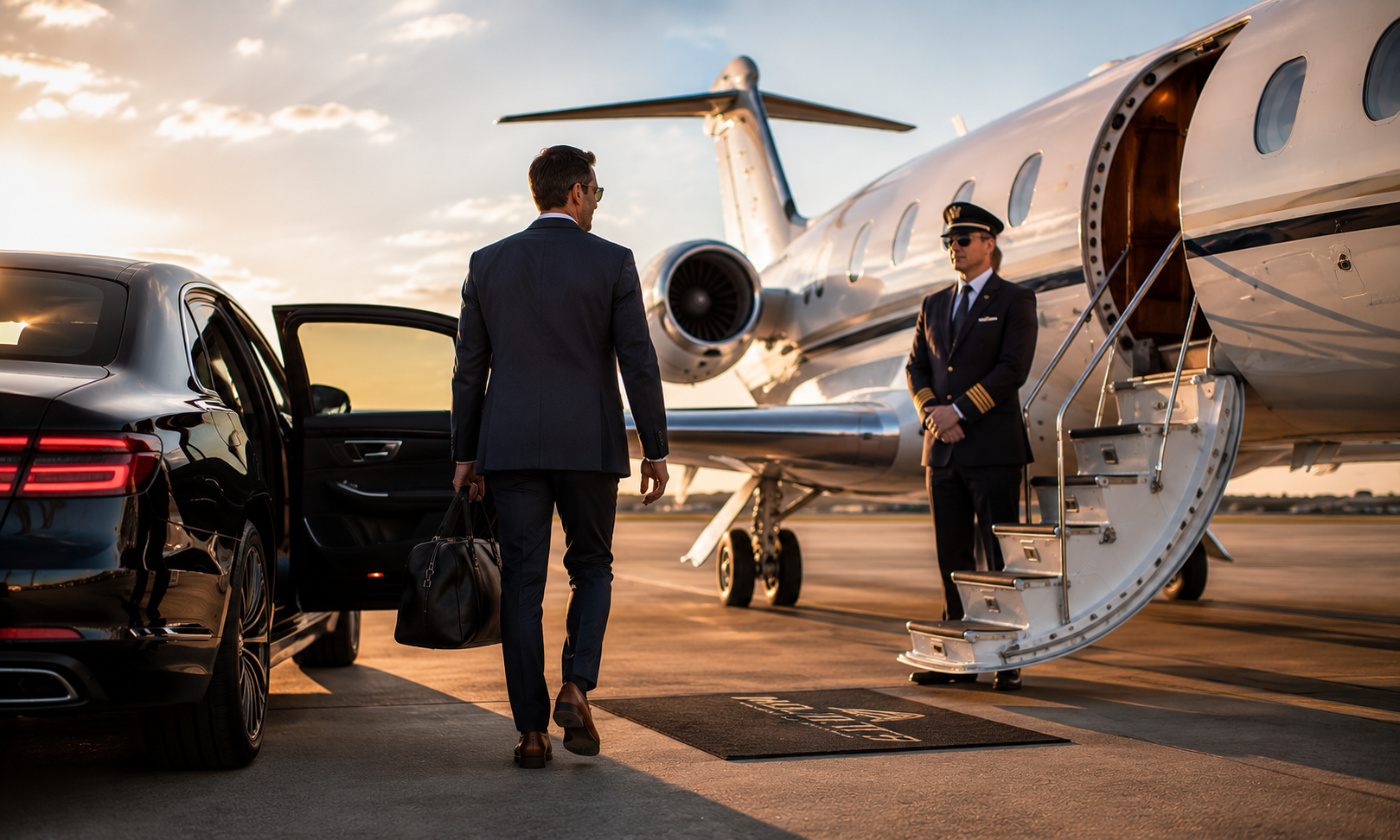 Luxury private jet cabin interior with premium seating and soft lighting