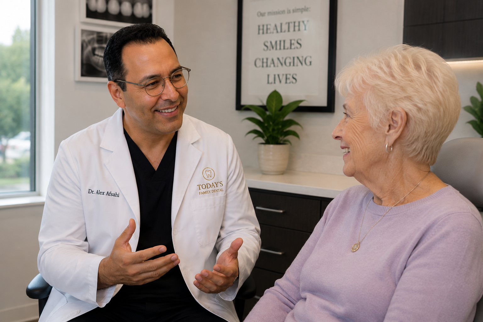 Patient talking with a dentist during a free implant consultation