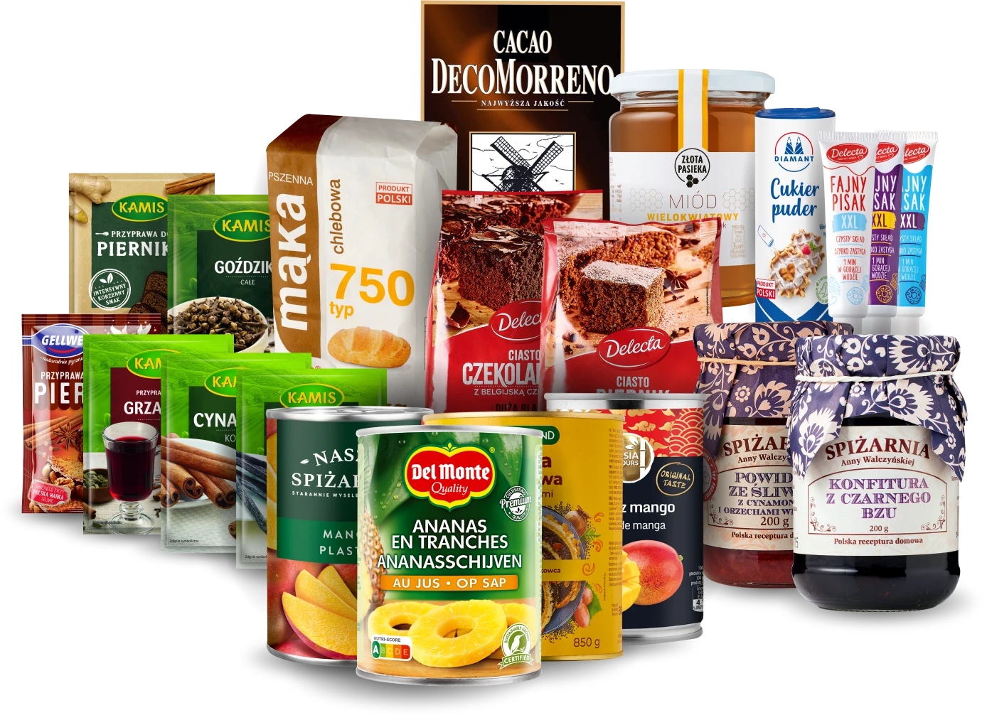 Zestaw produkt&oacute;w spożywczych: maka, kako, przyprawy, konfitury, mi&oacute;d itd.