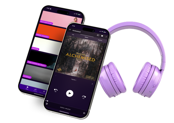 Zwei Smartphones mit einer H&ouml;rbuch-App und lila kabellosen Kopfh&ouml;rern nebeneinander
