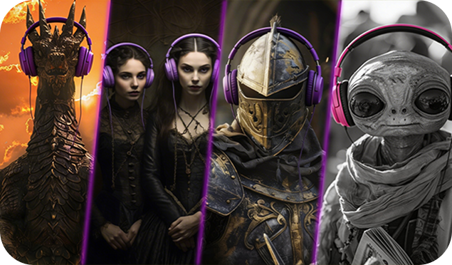 Vier Frauen mit Kopfh&ouml;rern in verschiedenen Outfits, die jeweils ein Smartphone halten