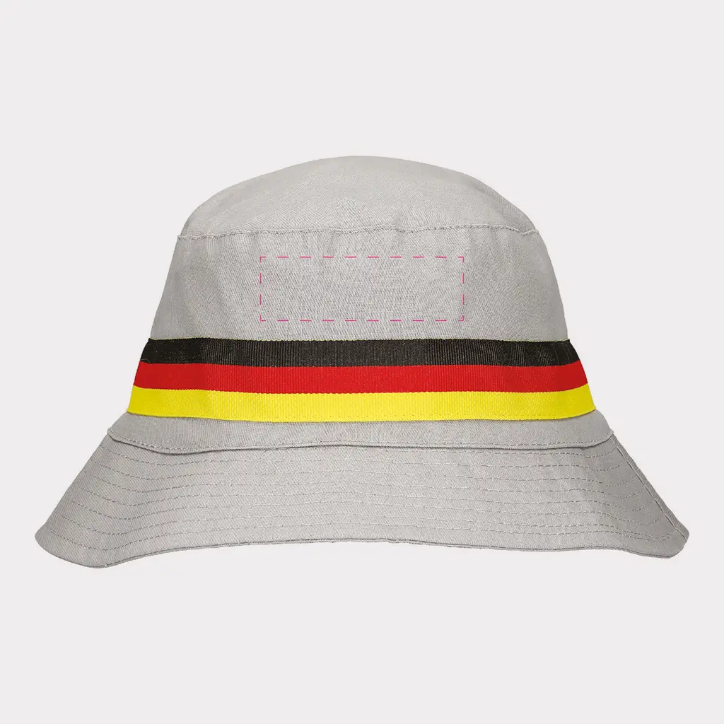 Nahaufnahme des grauen Bucket Hats mit einem Beispiel-Logo als Digitaltransfer-Druck &ndash; Hochwertige Veredelung f&uuml;r Unternehmen.