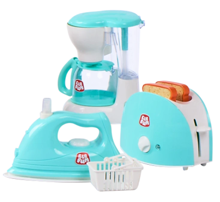 Trzy zabawkowe sprzęty agd w kolorze niebieskim, żelazko: expres do kawy i toster